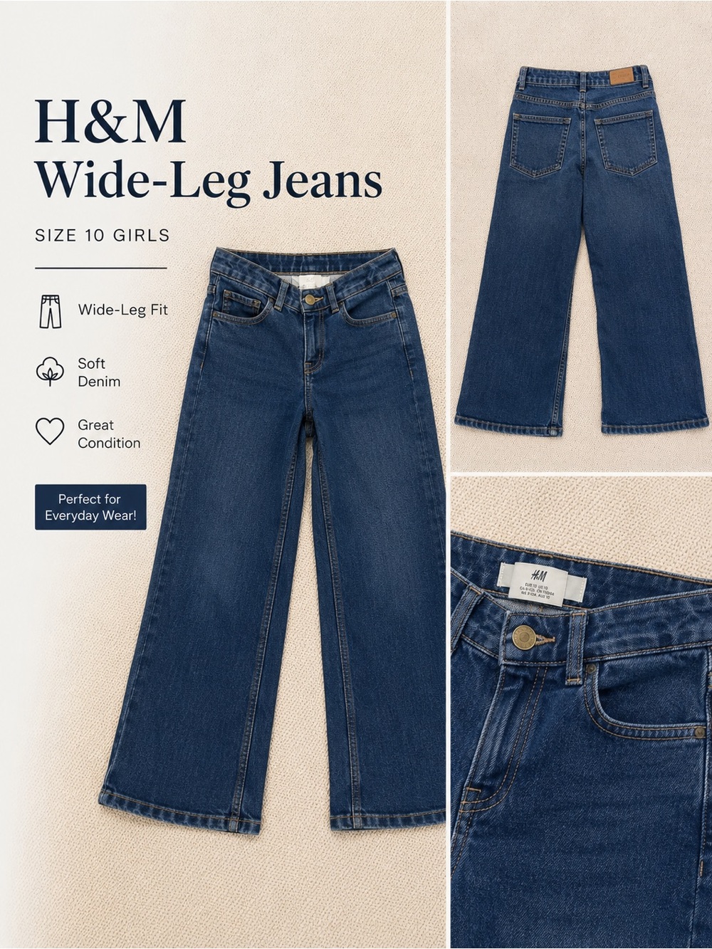 H&M Dark Blue Kids Wide-Leg Jeans